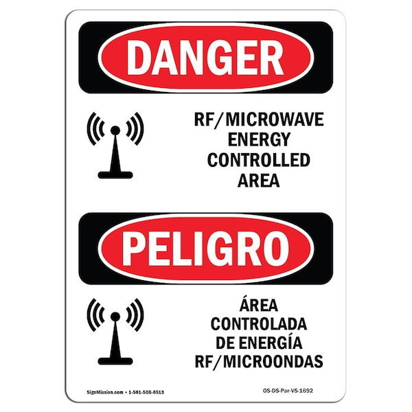 Safety Sign, OSHA, 24" Height, Aluminum, Rf Microwave Energy Controlled Area, Spanish